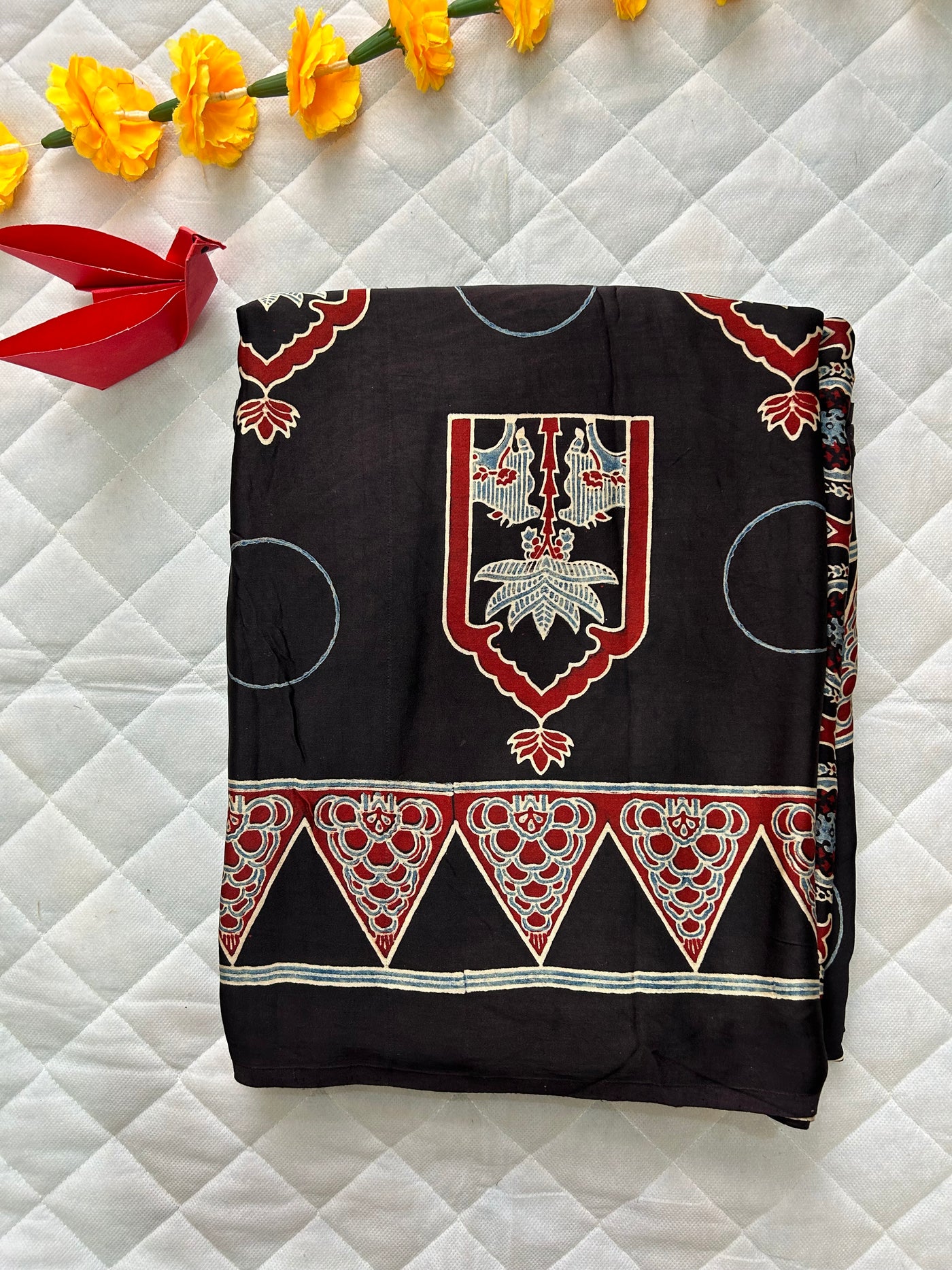 TEEN-PATTI: Handblock Modal Silk Tissue Ajrakh Saree