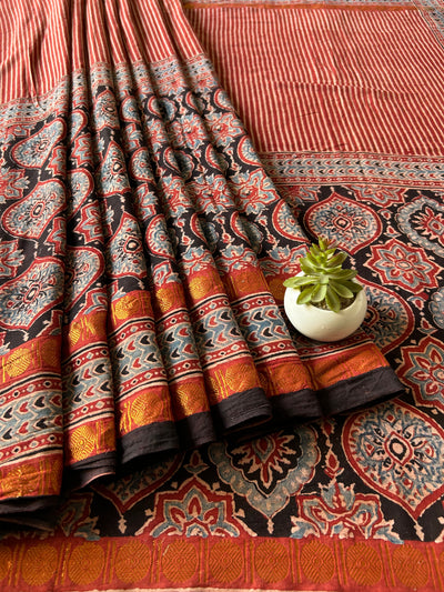 Gul:Handblock printed ajrakh madurai cotton saree