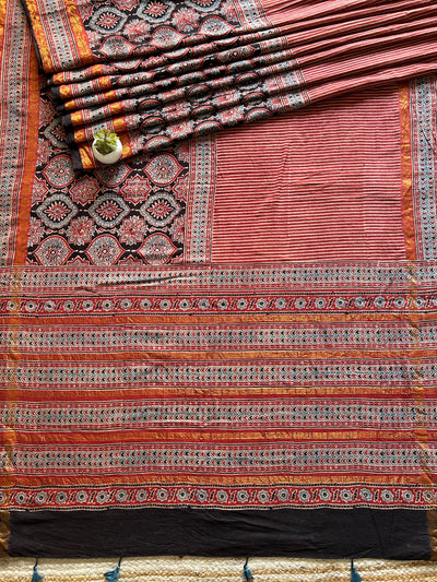 Gul:Handblock printed ajrakh madurai cotton saree