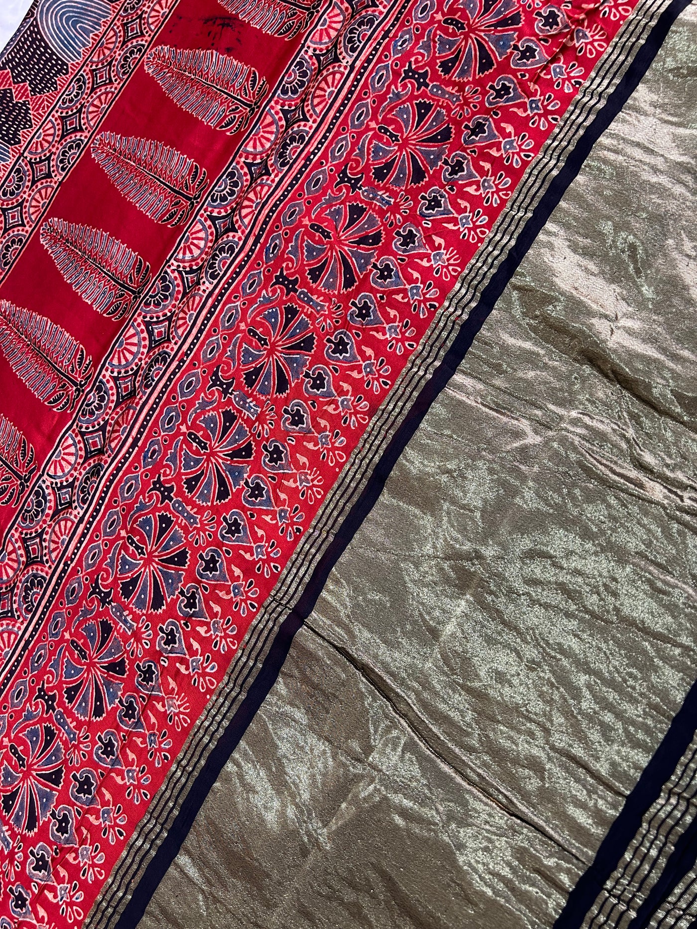 APARNA: Handblock Modal Silk Tissue Ajrakh Saree