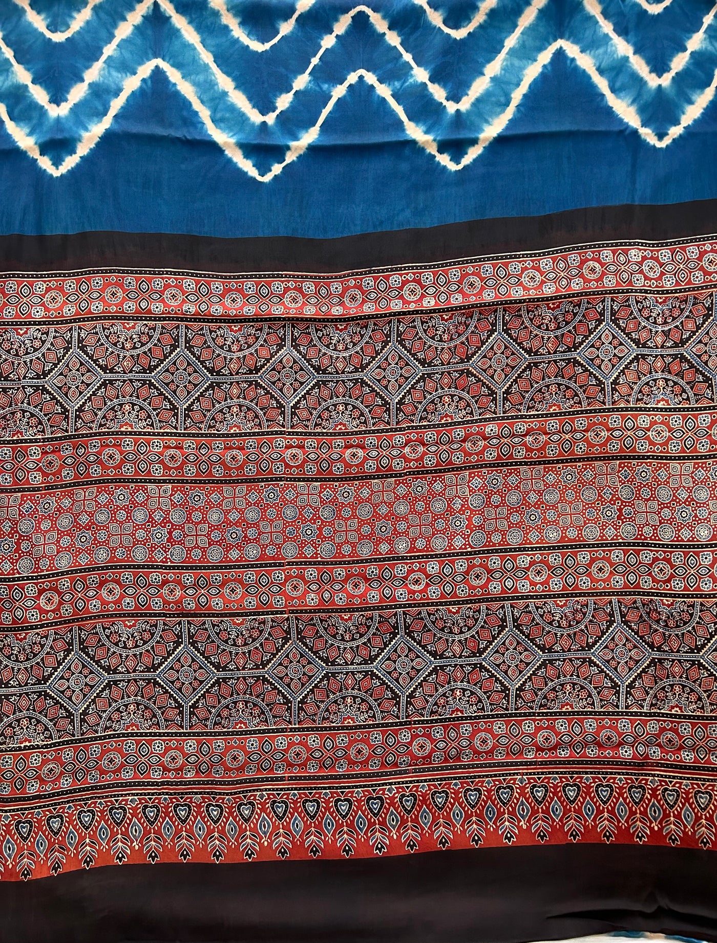 BLUE SKY: Handmade LEHRIYA- AJRAKH Modal Silk Saree