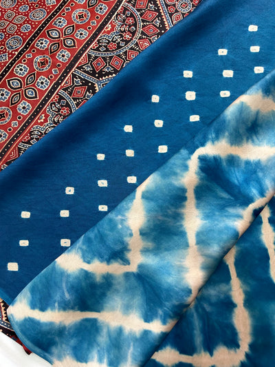 BLUE SKY: Handmade LEHRIYA- AJRAKH Modal Silk Saree