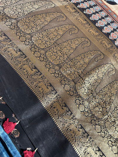 LEKHA: DENIM BLUE,HANDBLOCK AJRAKH DOLA SILK SAREE WITH MEENAKARI PALLU.