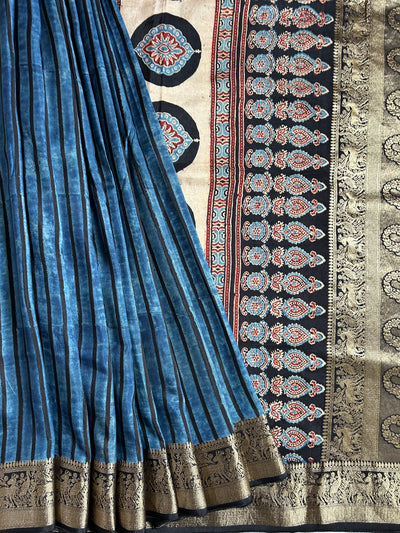 LEKHA: DENIM BLUE,HANDBLOCK AJRAKH DOLA SILK SAREE WITH MEENAKARI PALLU.