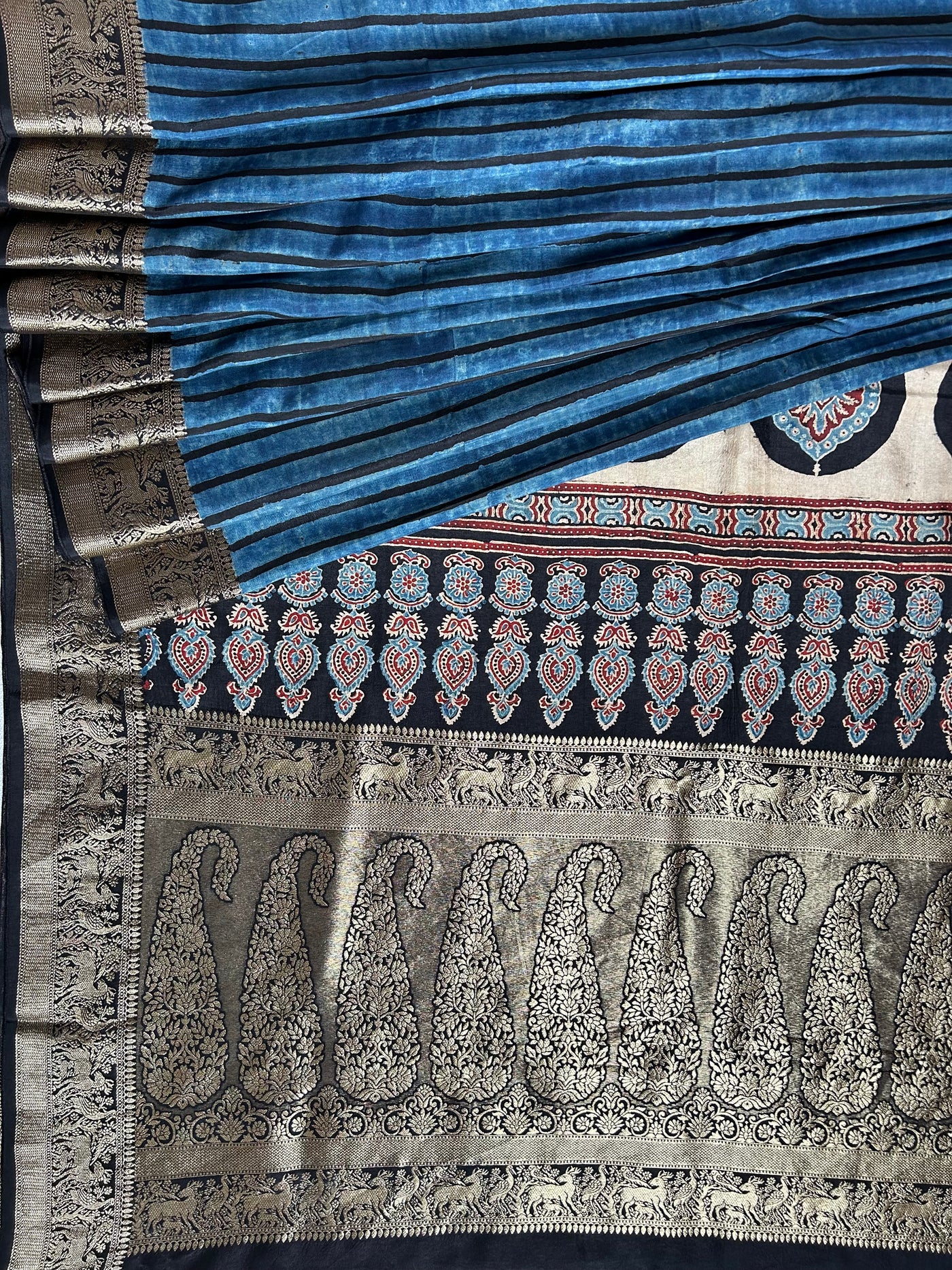 LEKHA: DENIM BLUE,HANDBLOCK AJRAKH DOLA SILK SAREE WITH MEENAKARI PALLU.