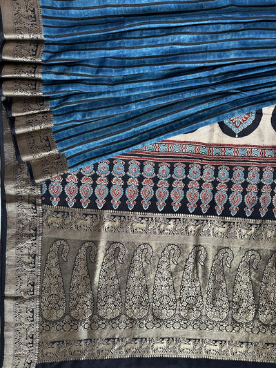 LEKHA: DENIM BLUE,HANDBLOCK AJRAKH DOLA SILK SAREE WITH MEENAKARI PALLU.