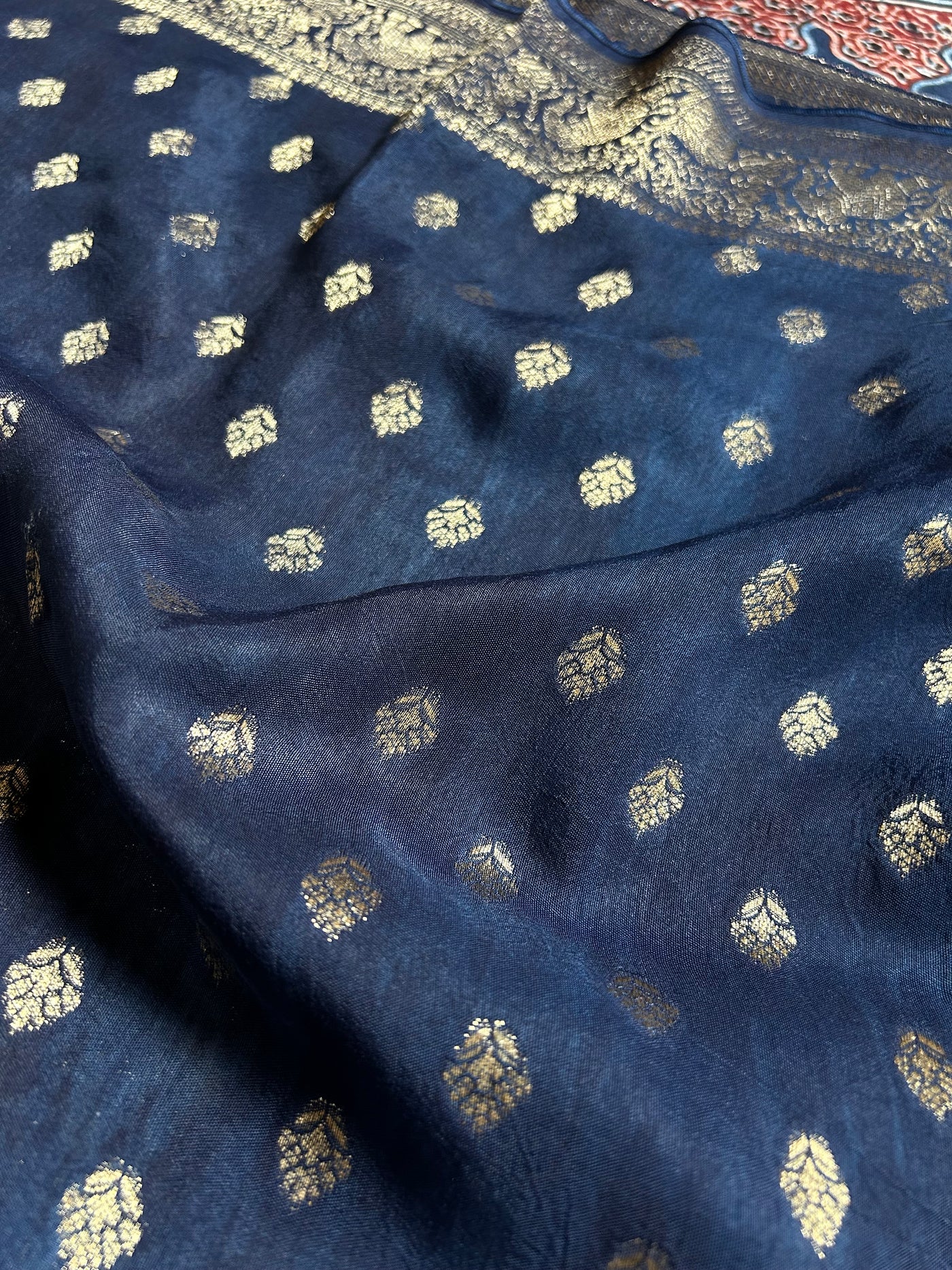 DEVI:INDIGO, HANDBLOCK AJRAKH DOLA SILK SAREE WITH MEENAKARI PALLU