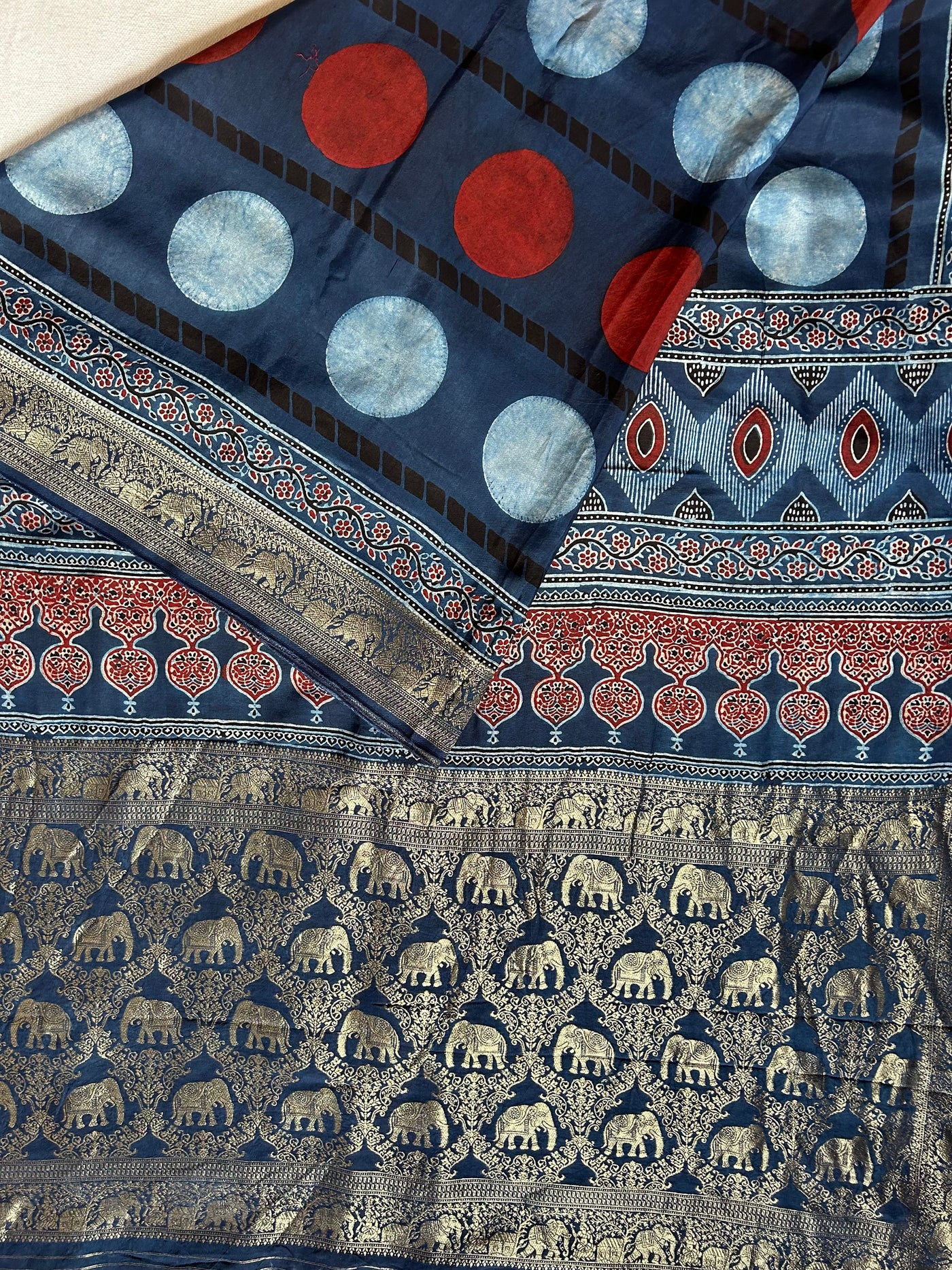 DEVI:INDIGO, HANDBLOCK AJRAKH DOLA SILK SAREE WITH MEENAKARI PALLU