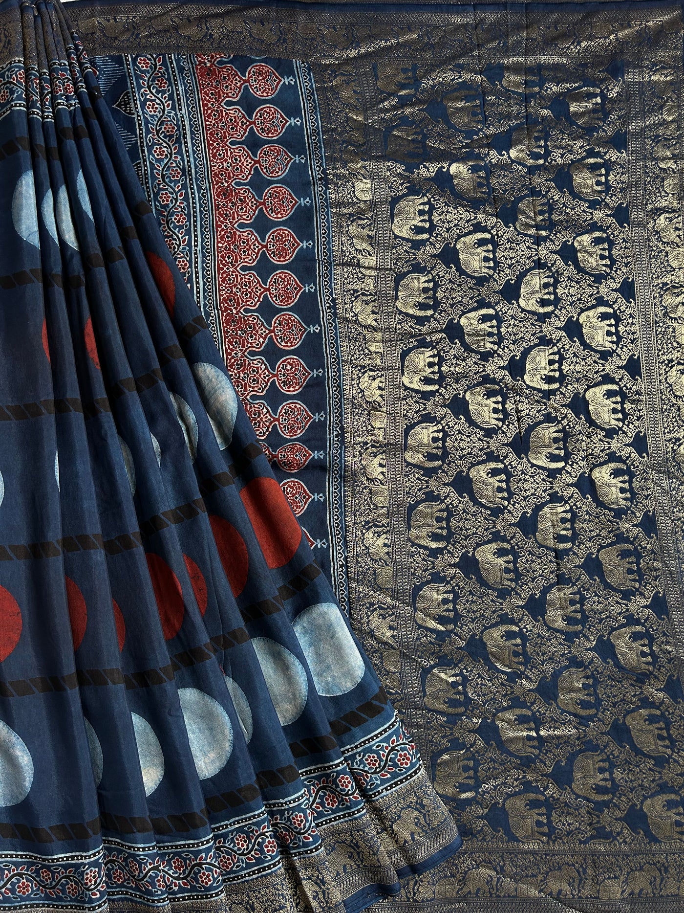 DEVI:INDIGO, HANDBLOCK AJRAKH DOLA SILK SAREE WITH MEENAKARI PALLU