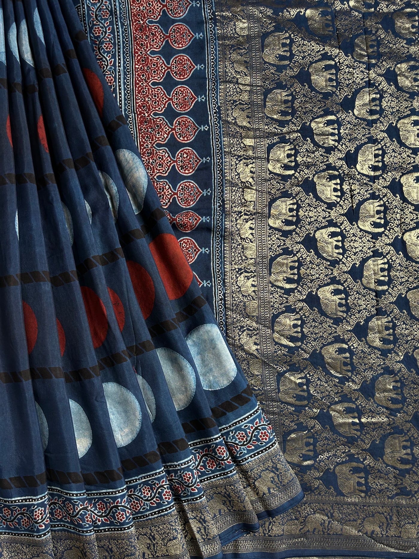 DEVI:INDIGO, HANDBLOCK AJRAKH DOLA SILK SAREE WITH MEENAKARI PALLU