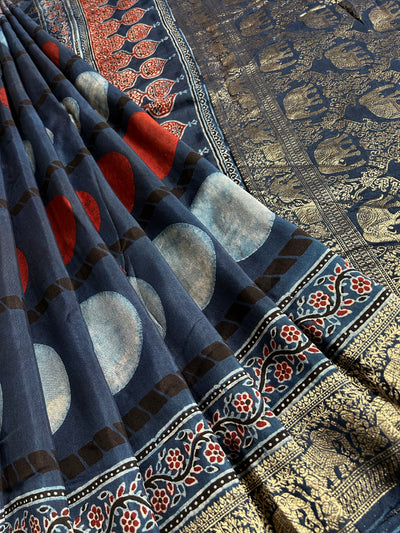 DEVI:INDIGO, HANDBLOCK AJRAKH DOLA SILK SAREE WITH MEENAKARI PALLU