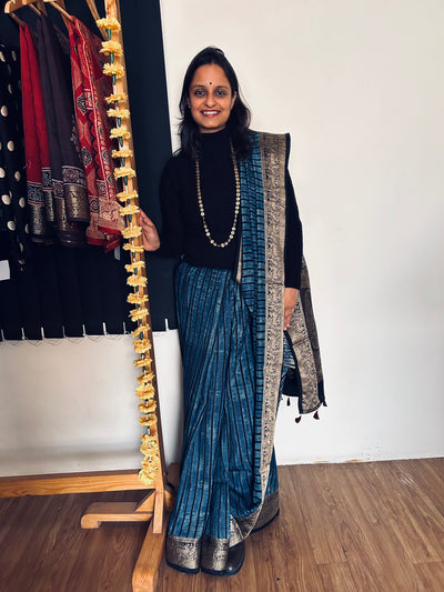 LEKHA: DENIM BLUE,HANDBLOCK AJRAKH DOLA SILK SAREE WITH MEENAKARI PALLU.