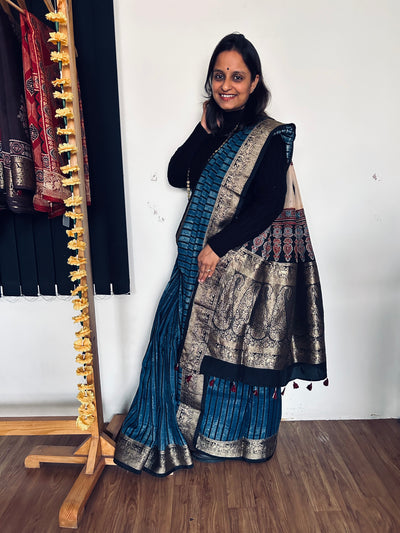 LEKHA: DENIM BLUE,HANDBLOCK AJRAKH DOLA SILK SAREE WITH MEENAKARI PALLU.