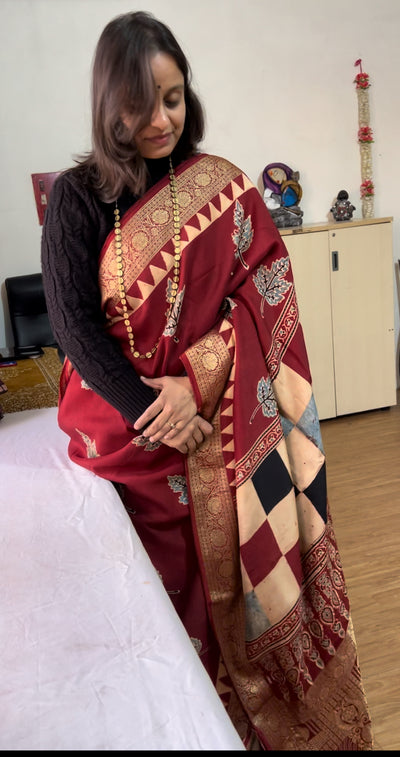 BINDIYA: Premium DolaSilk Meenakari Pallu Ajrakh Saree