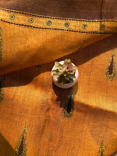 BASANT:MUSTARD HANDBLOCK AJRAKH PURE SILK-LINEN SAREE