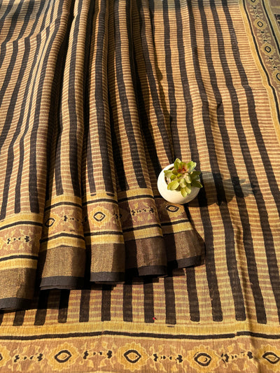 KUSUM:HANDBLOCK AJRAKH PURE SILK-LINEN SAREE