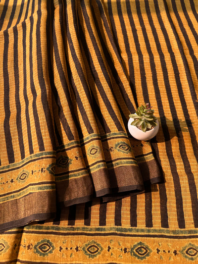 LALITA:MUSTARD HANDBLOCK AJRAKH PURE SILK-LINEN SAREE