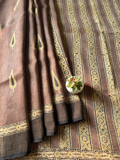 RAINA:HANDBLOCK AJRAKH PURE SILK-LINEN SAREE