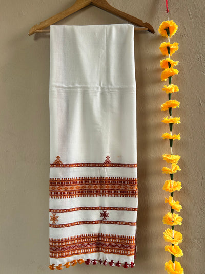 WHITE CLOUD:HANDLOOM BHUJODI SHAWL WITH KUTCHI MIRROR WORK