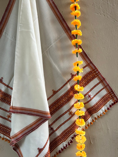 WHITE CLOUD:HANDLOOM BHUJODI SHAWL WITH KUTCHI MIRROR WORK