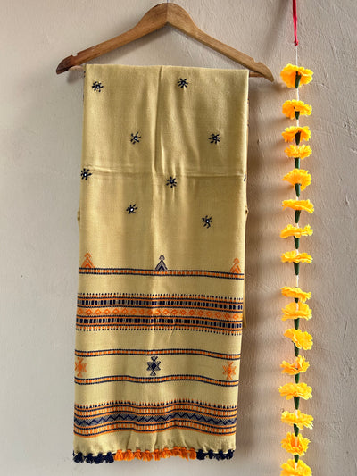 PEANUT BUTTER:HANDLOOM BHUJODI SHAWL WITH KUTCHI MIRROR WORK