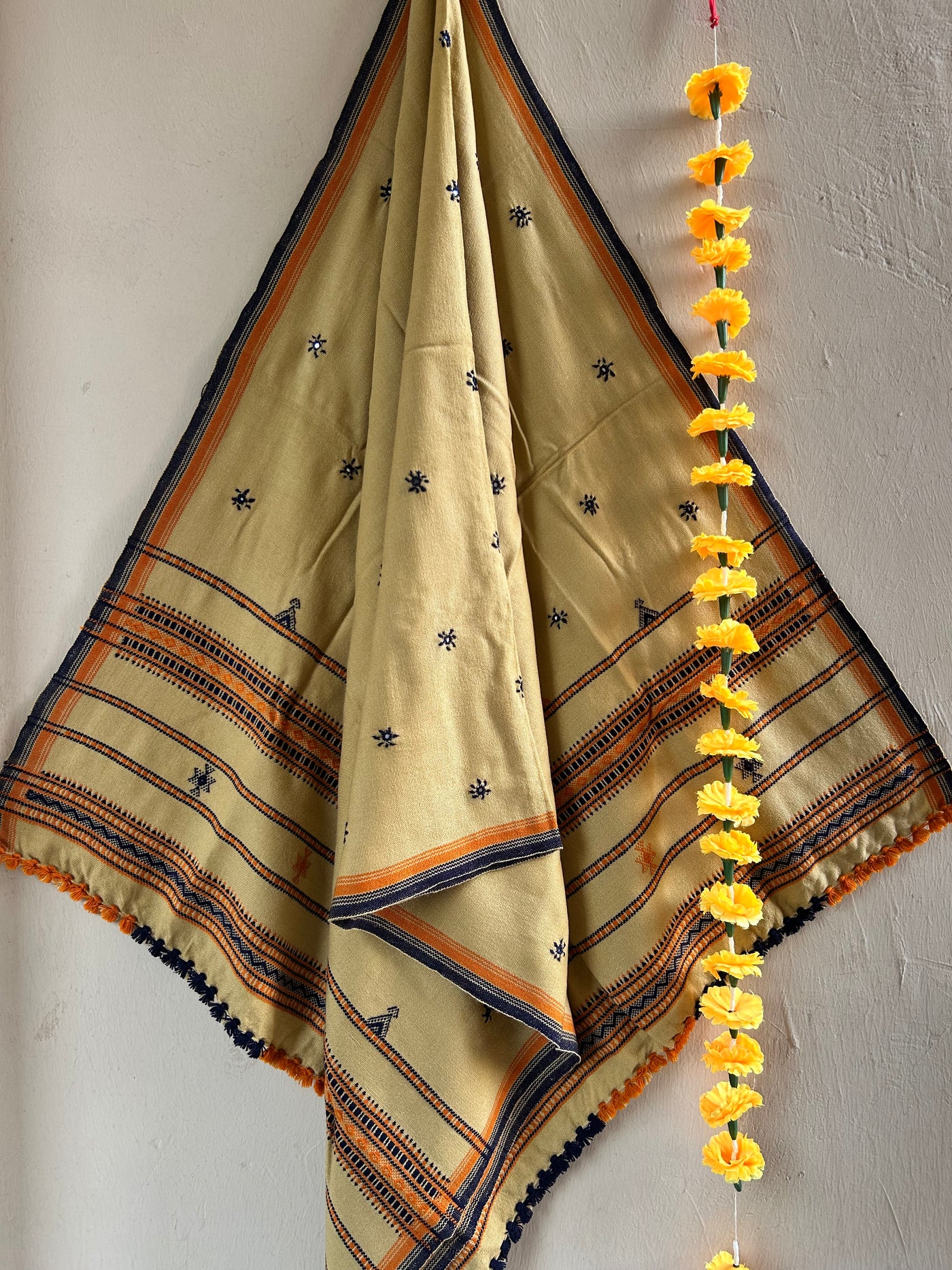 PEANUT BUTTER:HANDLOOM BHUJODI SHAWL WITH KUTCHI MIRROR WORK
