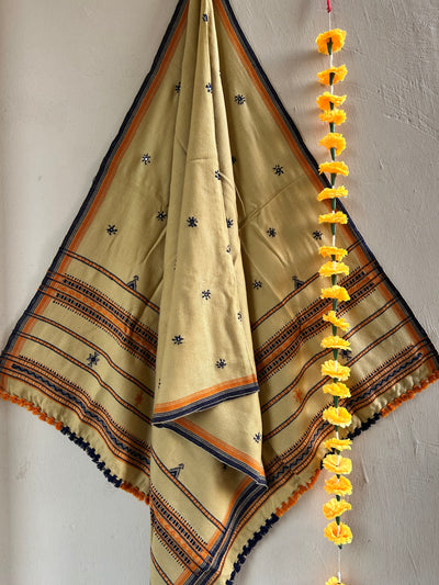 PEANUT BUTTER:HANDLOOM BHUJODI SHAWL WITH KUTCHI MIRROR WORK