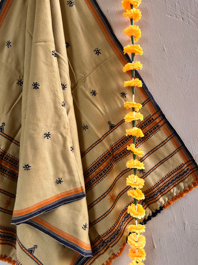 PEANUT BUTTER:HANDLOOM BHUJODI SHAWL WITH KUTCHI MIRROR WORK