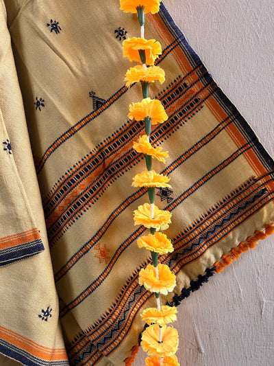 PEANUT BUTTER:HANDLOOM BHUJODI SHAWL WITH KUTCHI MIRROR WORK