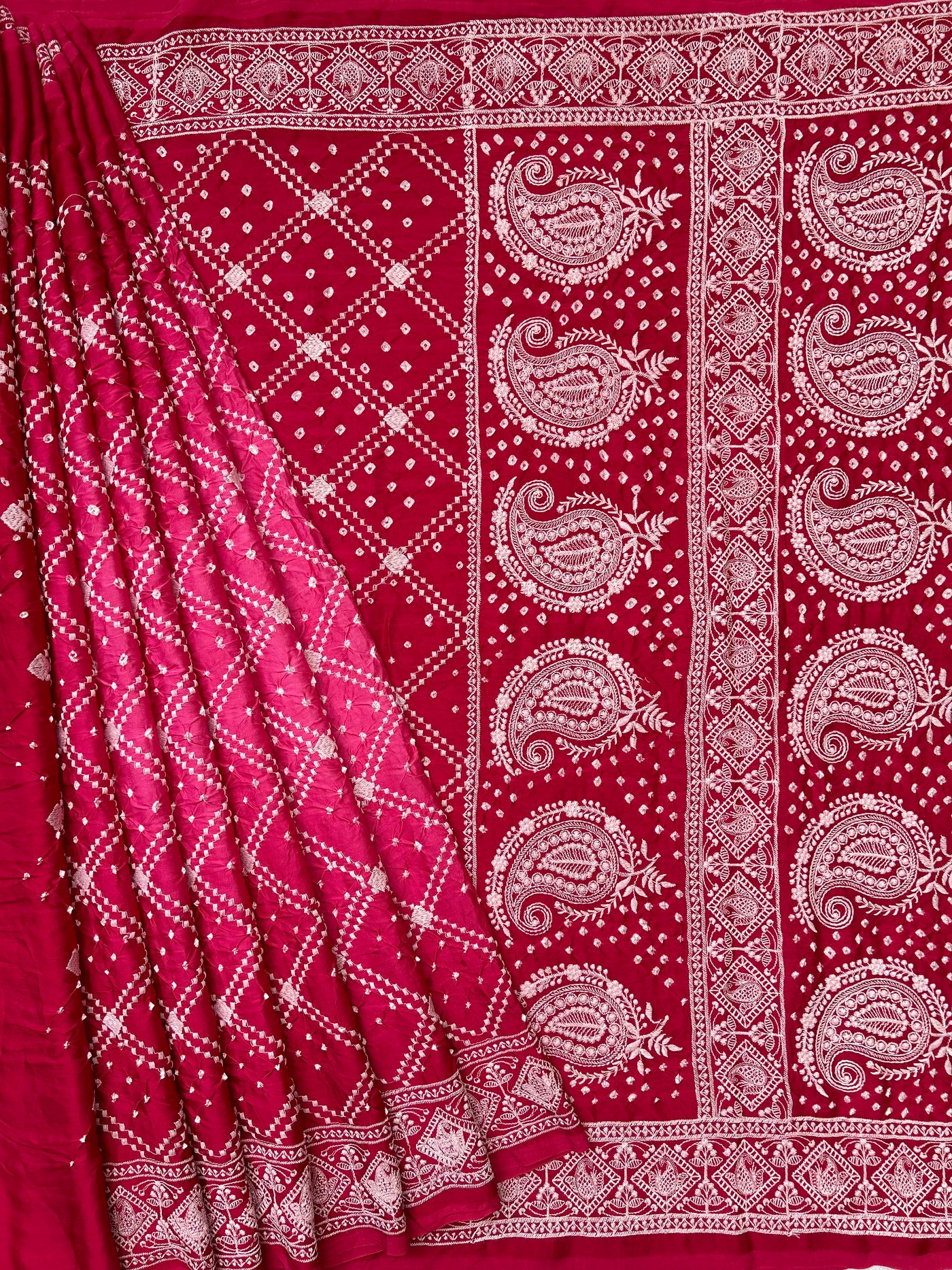 AVANTIKA : Handmade Bandhni Modal Silk Saree With Thread Embroidery Work.