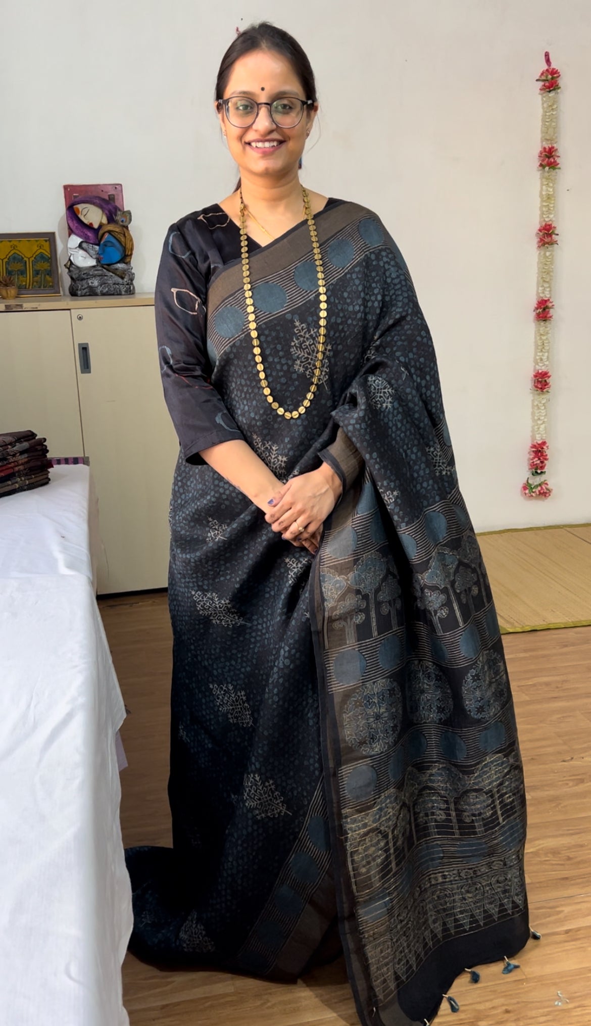 RATI:BLACK HANDBLOCK AJRAKH PURE SILK-LINEN SAREE