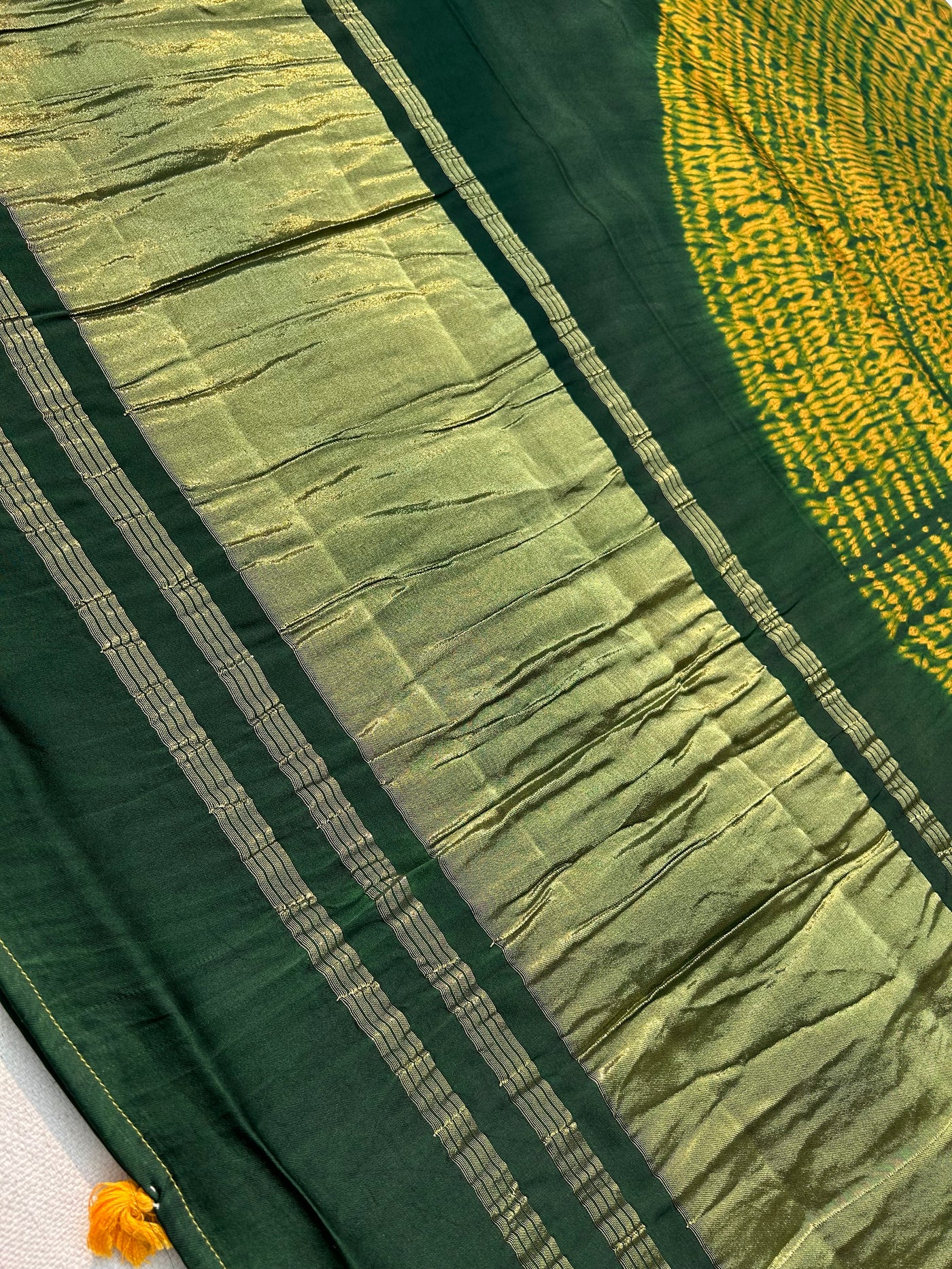 JANE-Ja :BOTTLE GREEN Handmade Shibori Dyed Modal Silk Tissue Pallu Saree