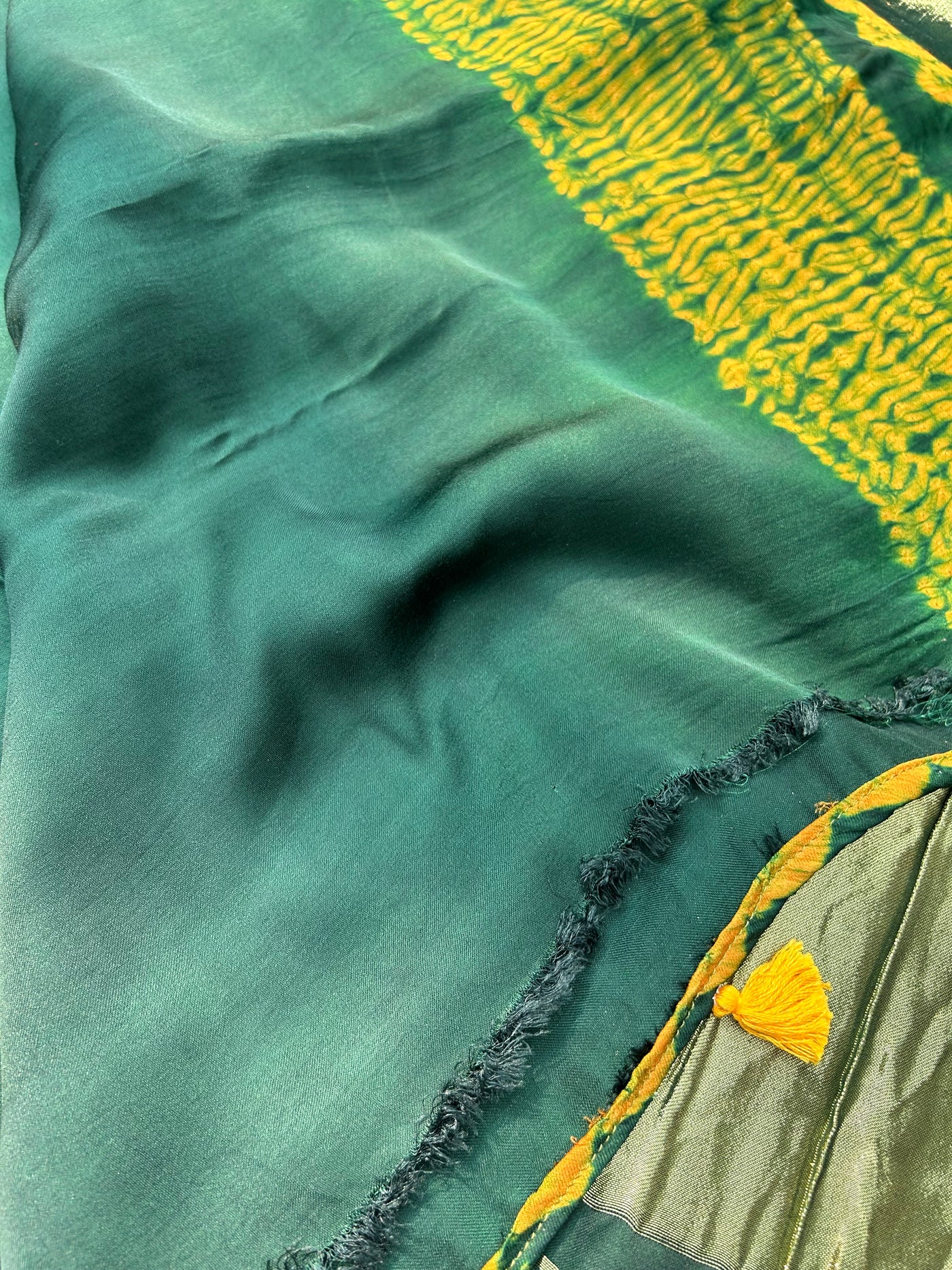 JANE-Ja :BOTTLE GREEN Handmade Shibori Dyed Modal Silk Tissue Pallu Saree