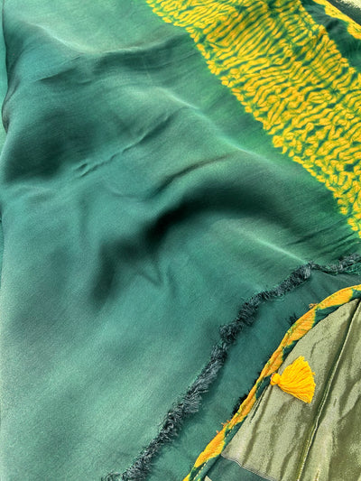 JANE-Ja :BOTTLE GREEN Handmade Shibori Dyed Modal Silk Tissue Pallu Saree