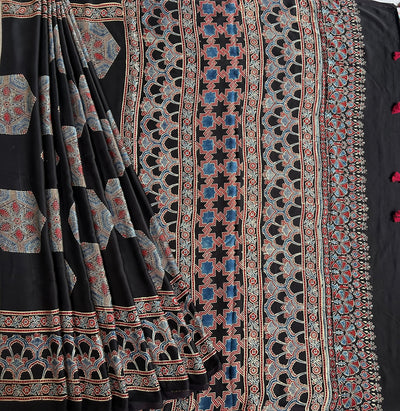 GUNJA: MADDER,HANDBLOCK AJRAKH MODAL SILK SAREE