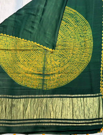 JANE-Ja :BOTTLE GREEN Handmade Shibori Dyed Modal Silk Tissue Pallu Saree