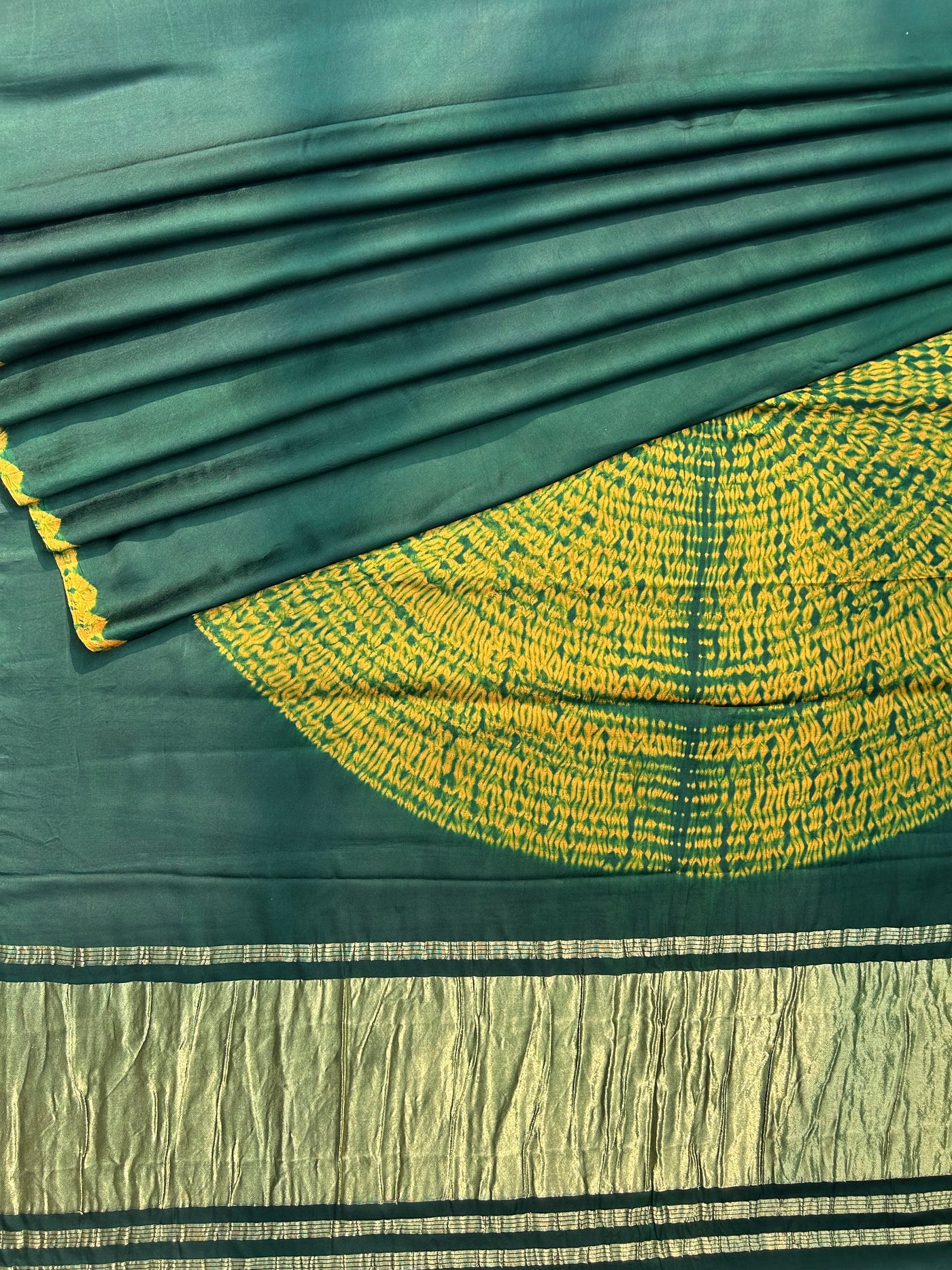 JANE-Ja :BOTTLE GREEN Handmade Shibori Dyed Modal Silk Tissue Pallu Saree