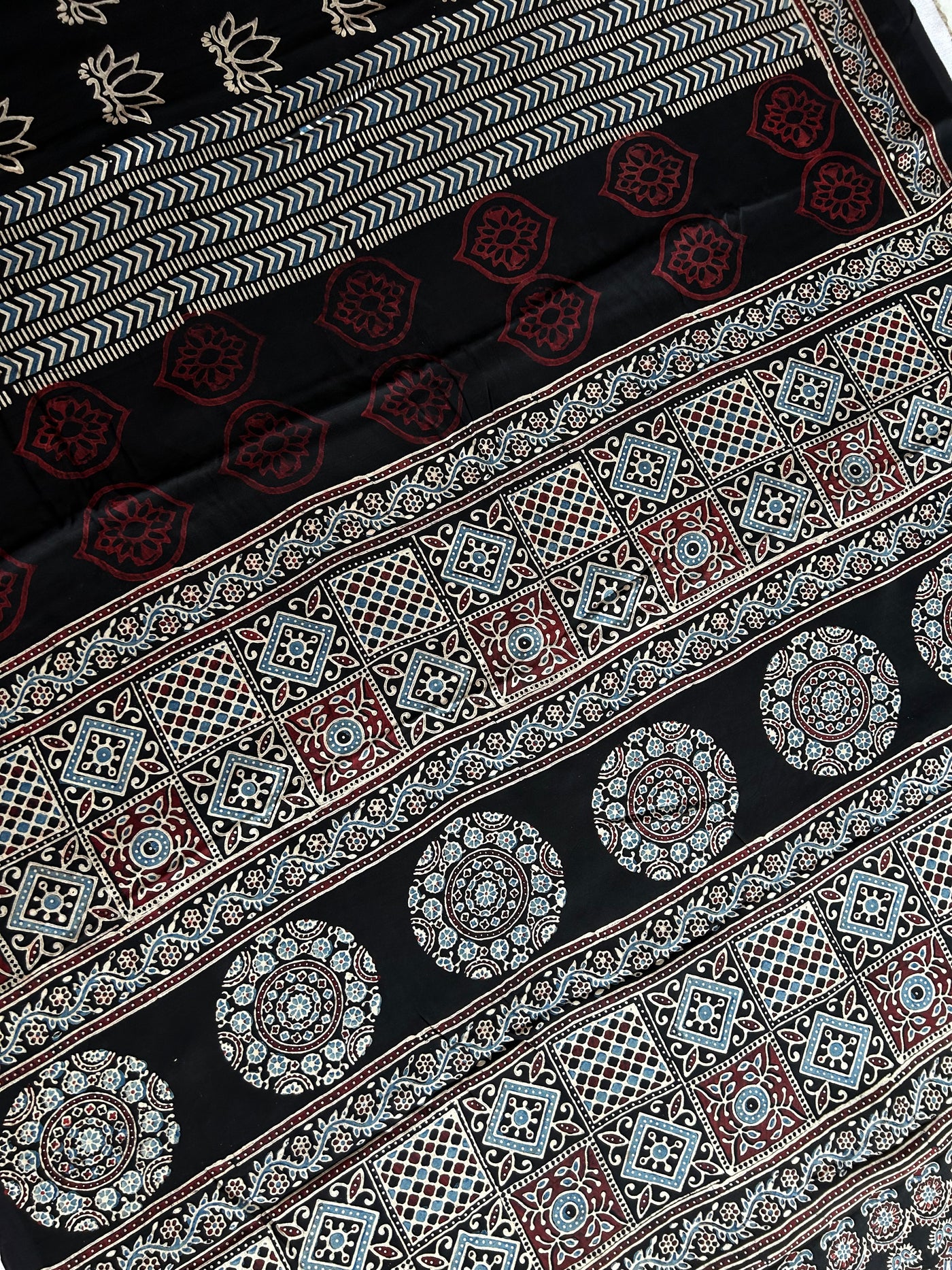 Ruhu: BLACK,HANDBLOCK AJRAKH MODAL SILK SAREE
