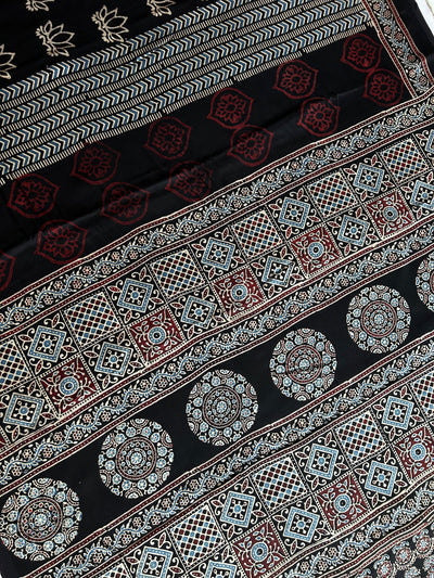 Ruhu: BLACK,HANDBLOCK AJRAKH MODAL SILK SAREE