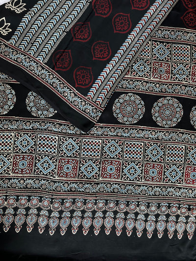 Ruhu: BLACK,HANDBLOCK AJRAKH MODAL SILK SAREE