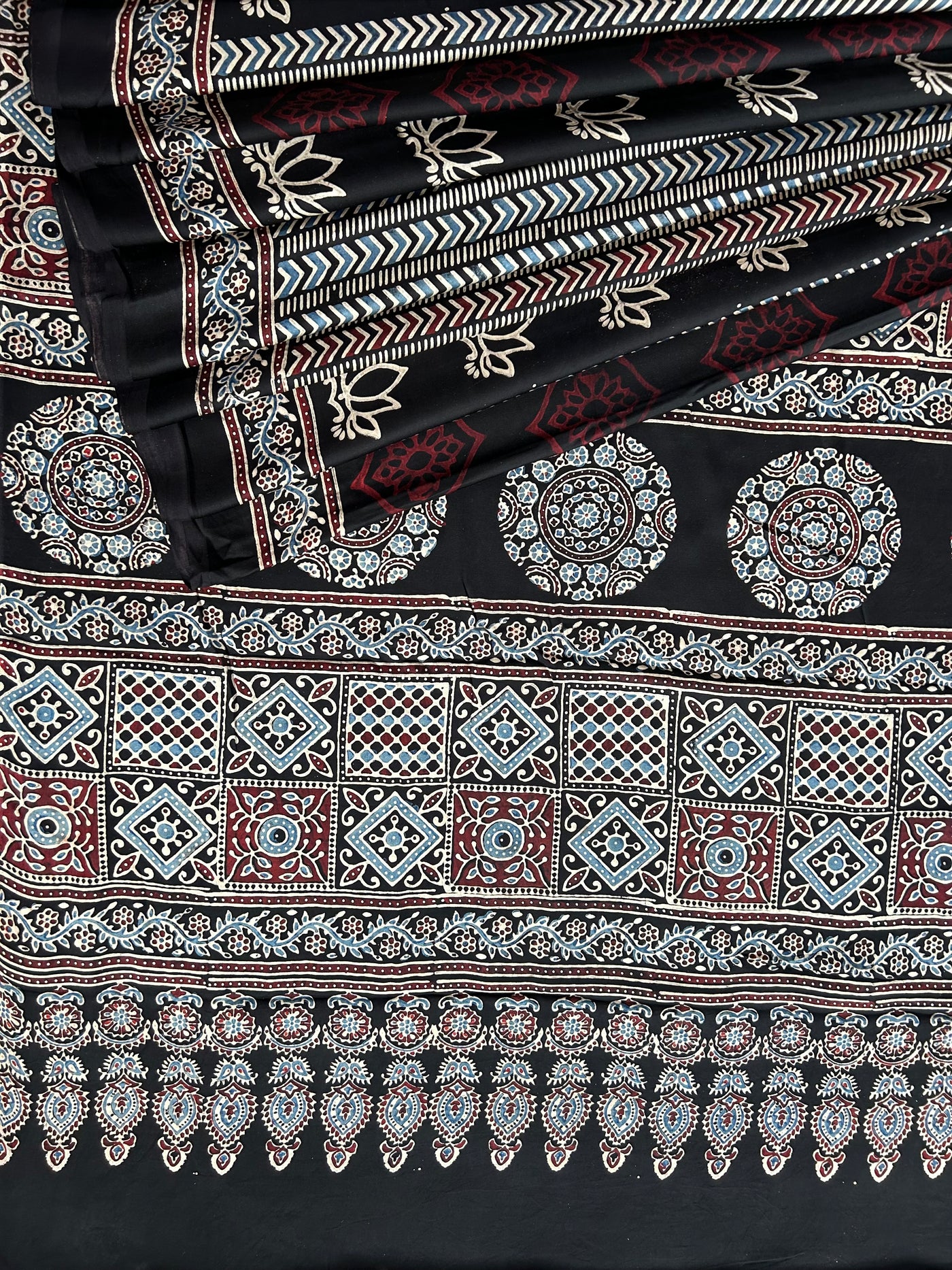 Ruhu: BLACK,HANDBLOCK AJRAKH MODAL SILK SAREE
