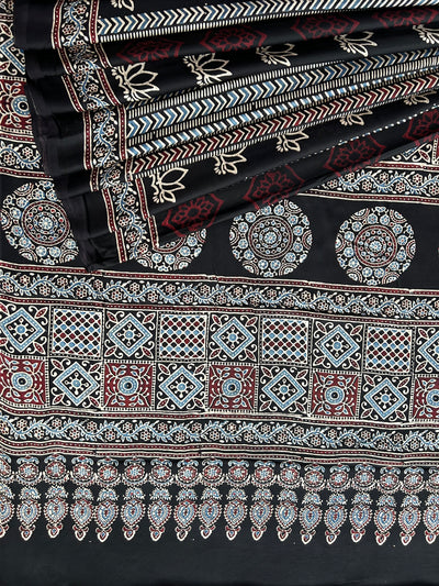 Ruhu: BLACK,HANDBLOCK AJRAKH MODAL SILK SAREE