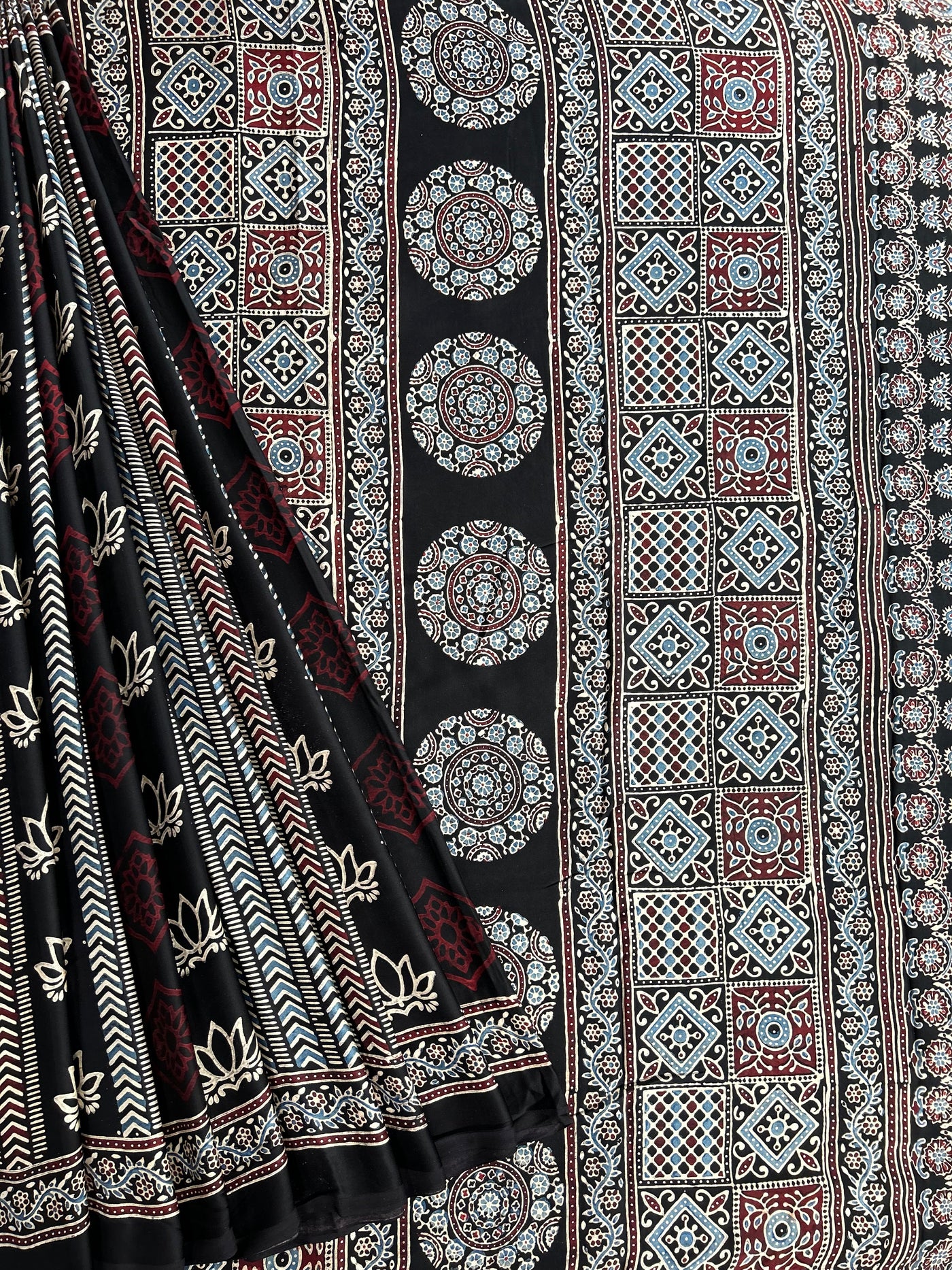 Ruhu: BLACK,HANDBLOCK AJRAKH MODAL SILK SAREE