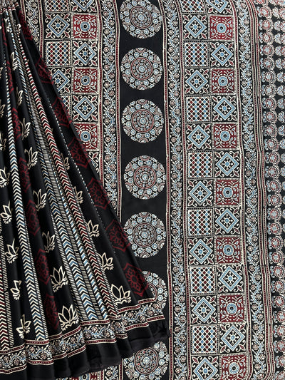 Ruhu: BLACK,HANDBLOCK AJRAKH MODAL SILK SAREE