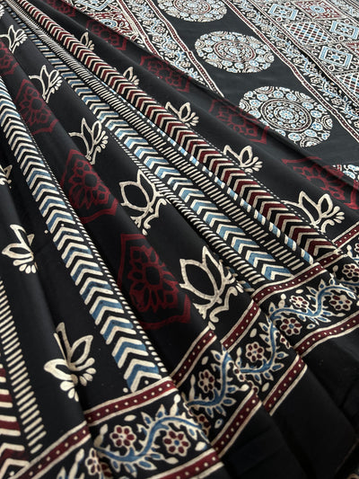 Ruhu: BLACK,HANDBLOCK AJRAKH MODAL SILK SAREE