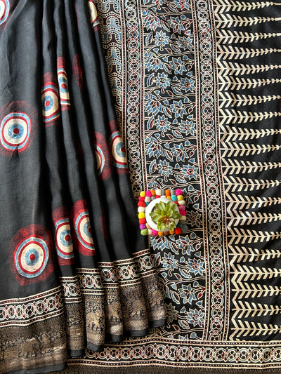 NITYA:Handblock Ajrakh Dola Silk Ajrakh Saree with Meenakari Pallu