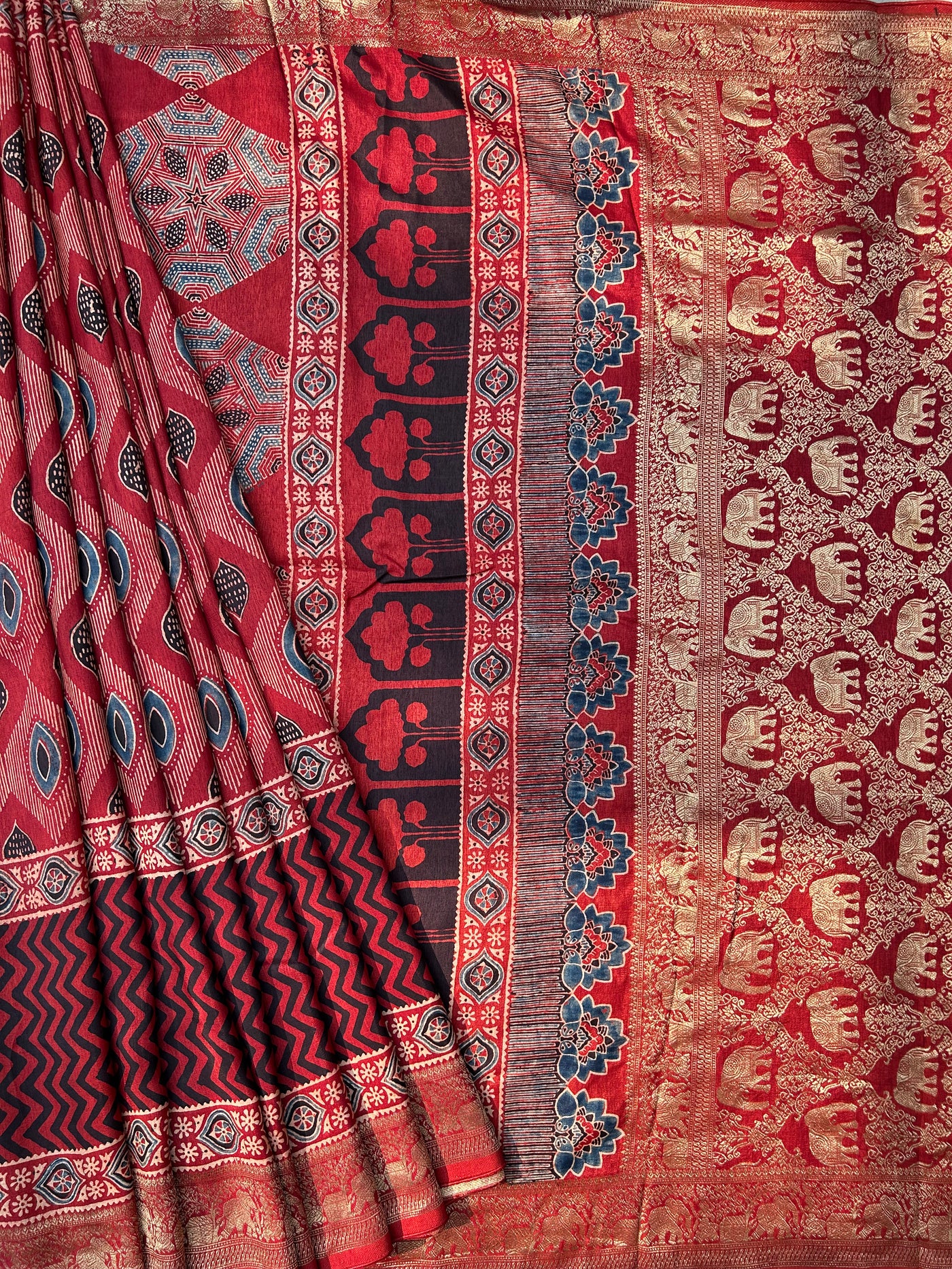 Rubina:Handblock Ajrakh Dola Silk Saree With Meenakari Pallu.