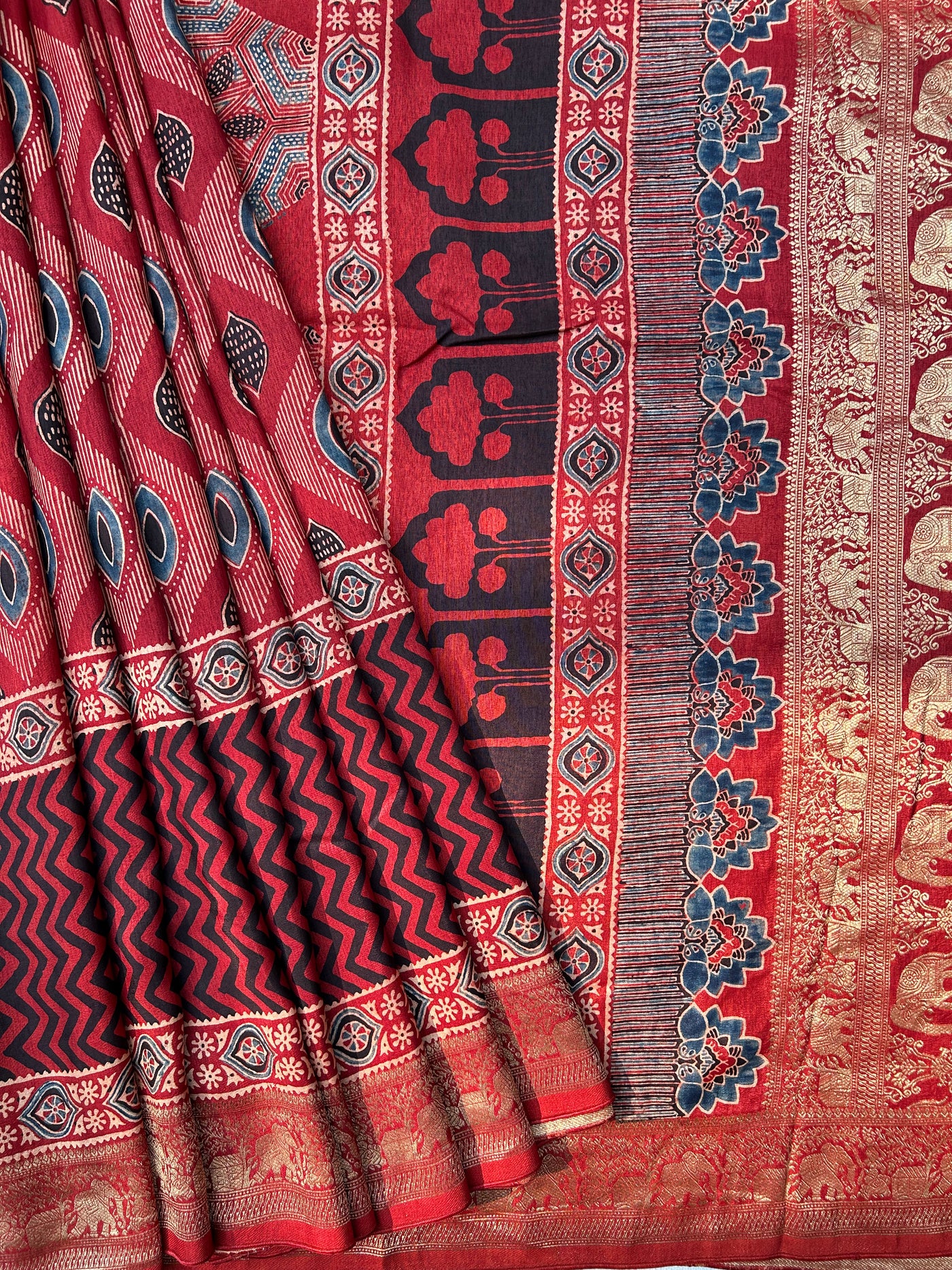 Rubina:Handblock Ajrakh Dola Silk Saree With Meenakari Pallu.