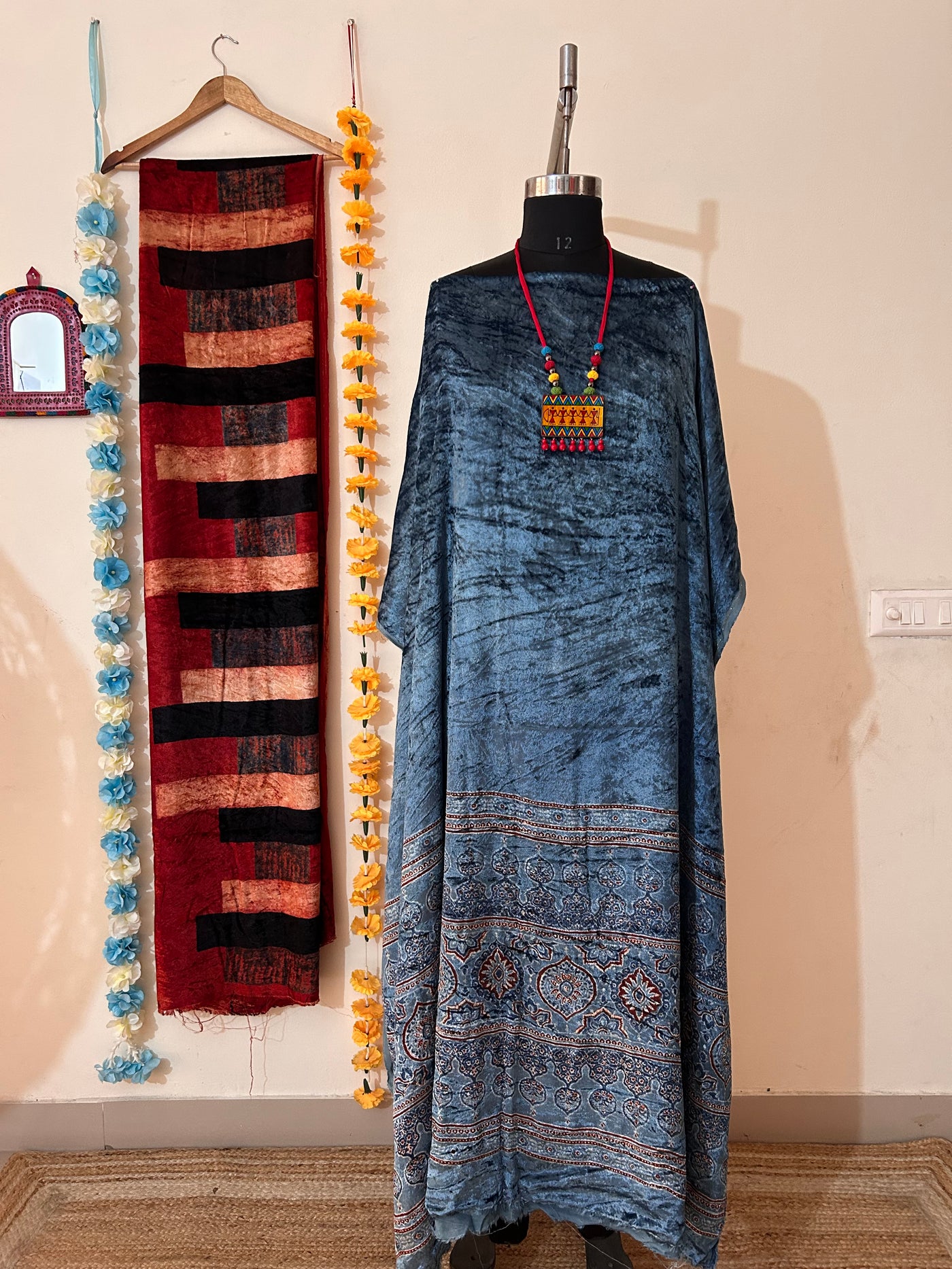 INDIGO DREAM: INDIGO, HANDBLOCK PRINTED AJRAKH VELVET KURTA FABRIC