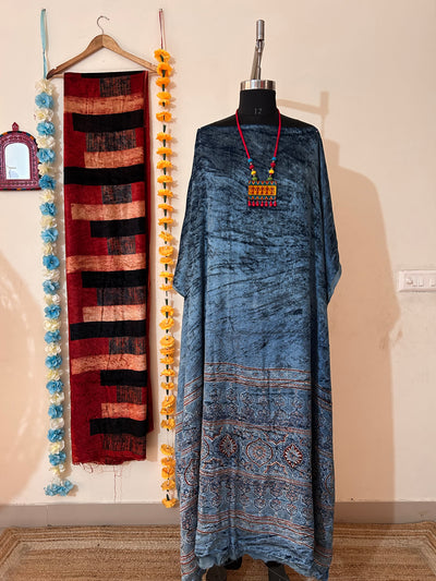 INDIGO DREAM: INDIGO, HANDBLOCK PRINTED AJRAKH VELVET KURTA FABRIC